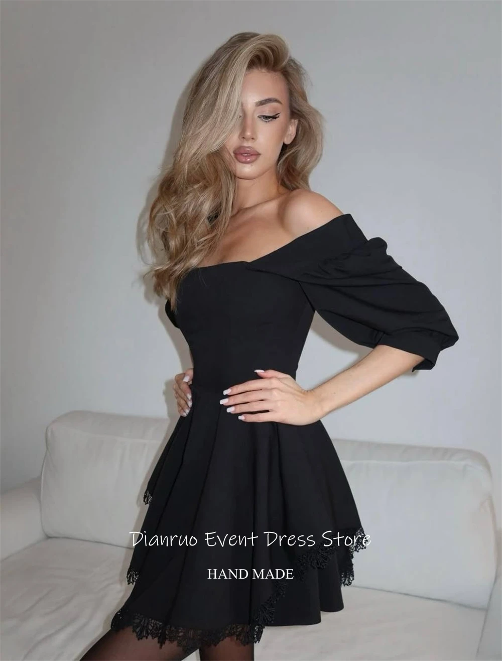 Dianruo A-Linie-Abschlussballkleider mit Spitzenbesatz, schulterfreies Mini-Abschlussballkleid, Puffärmel, Pfleger Ärmel, Giren Mohamedе Amatico