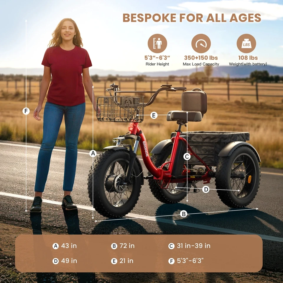 QRONGE Electric Bike for Adults 1200W Peak 36V 20AH Battery Folding Electric Tricycle 75 Miles Range Max 20MPH 20"*4" Fat Tire Electric Trike image 11