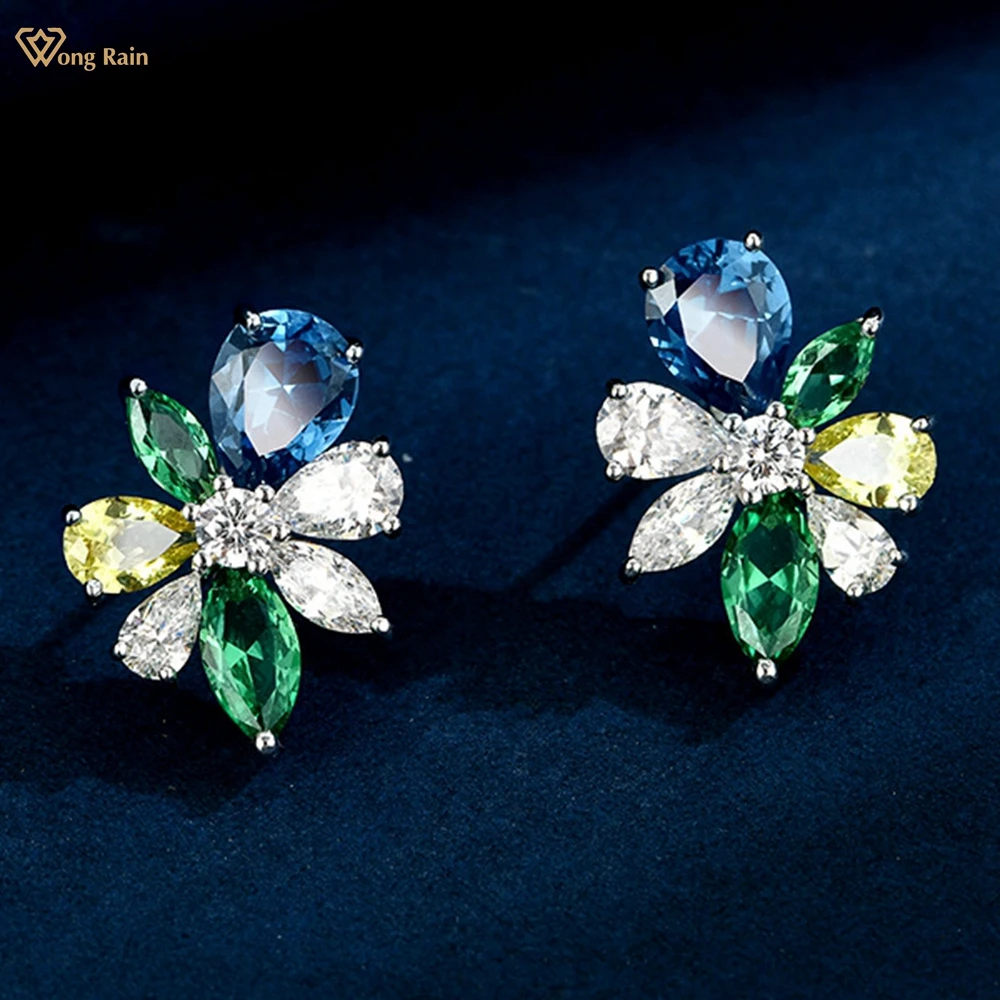 

Wong Rain 100% 925 Sterling Silver Pear Cut 6*8MM Sapphire High Carbon Diamond Gemstone Colorful Ear Studs Earrings Fine Jewelry