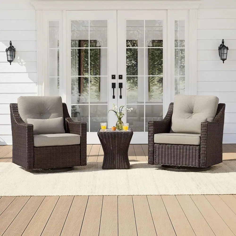 

3 Pieces Wicker Patio Bistro Set, Outdoor urniture Set with 2 Pieces Rattan Rocking Swivel Chairs, Thickened Cushions and Side T