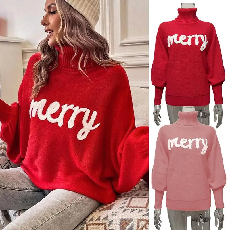 

Christmas Turtleneck Sweater Women Elegant Merry Letter Print Long Sleeve Pullovers Female Fashion Autumn Winter Knit Sweaters