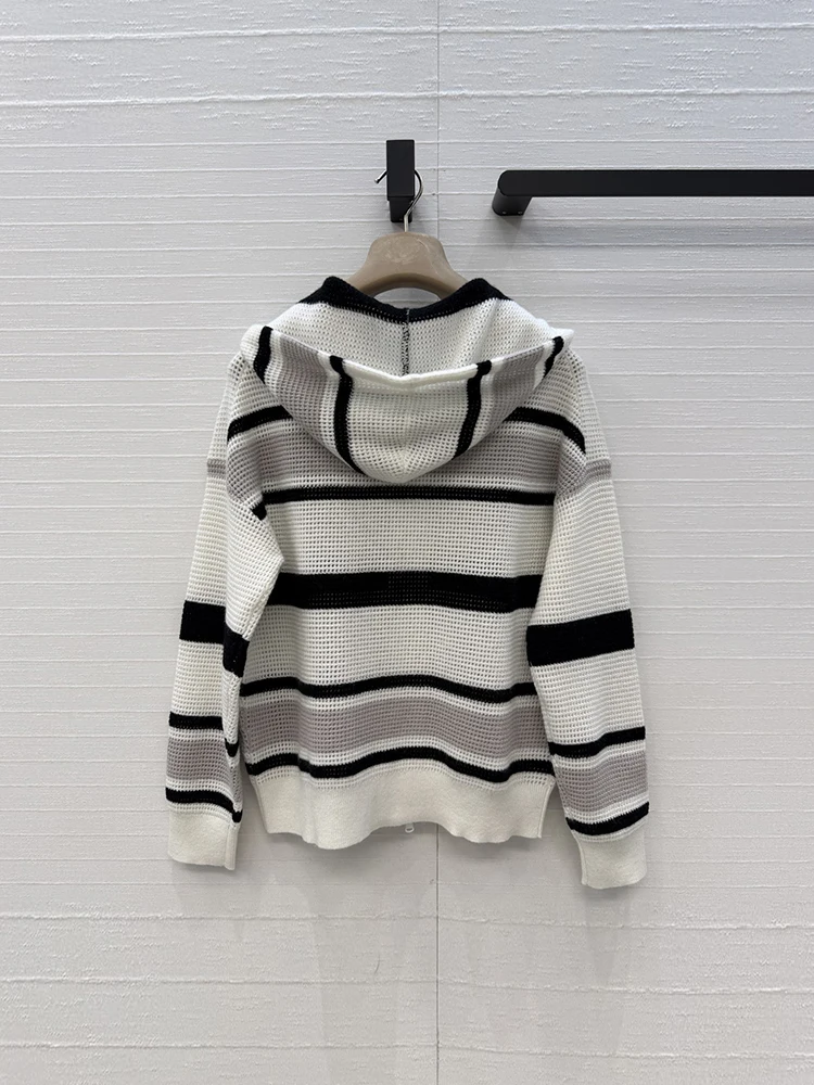 Spring Autumn Fashion Daily Striped Knitting Cashmere Cardigan Women's Drawstring Hooded Loose Breathable Long Sleeve Sweaters