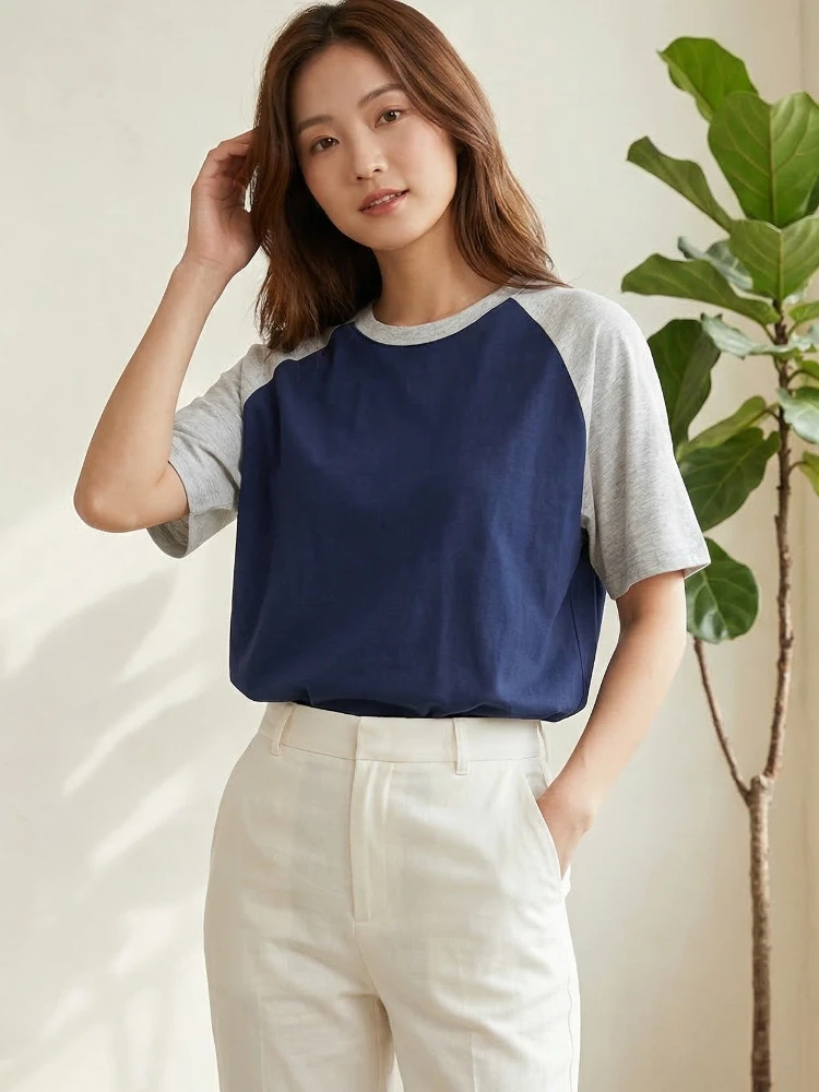 200G Baumwoll-Raglan-Kurzarm-Rundhals-T-Shirt für Damen, Frühjahr/Sommer 2026, locker sitzendes, vielseitiges Freizeit-Oberteil, Color-Block-Tees – Detail 3