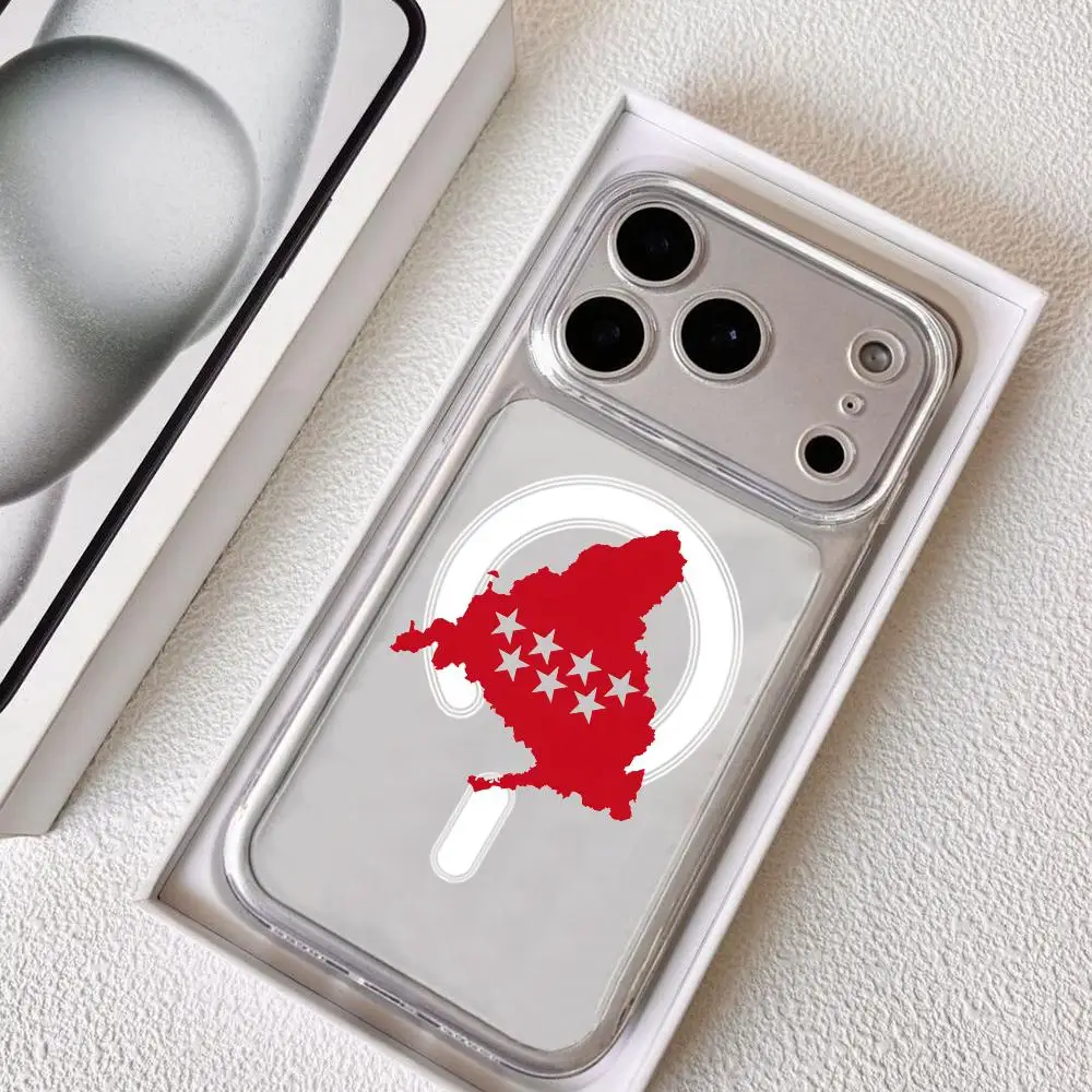 Coque de téléphone pour iPhone 17 16 15 14 13 12 11 Pro Max Plus, Motif Communauté de Madrid Espagne, Transparente, Magnétique, Antichoc, Anti-rayures