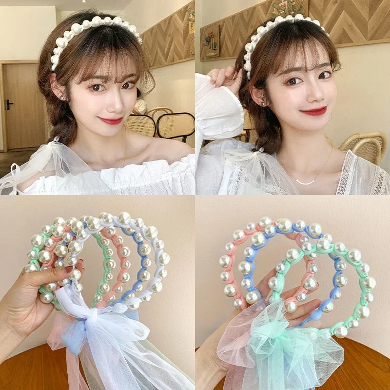 Children's Pearl Hair Headband French Fairy Forest Style Ribbon Hair Accessory Women's Tied Hair Headband 2024 New Model