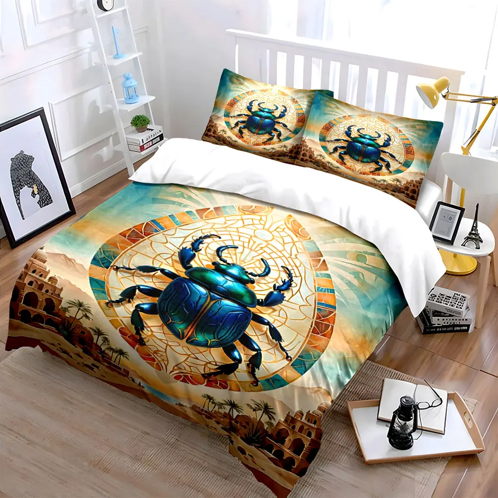 Sacred Scarab with Stained Glass Art Duvet Cover Set with 3D Printing Design Soft Polyester Bedding Set All-Season Comfort