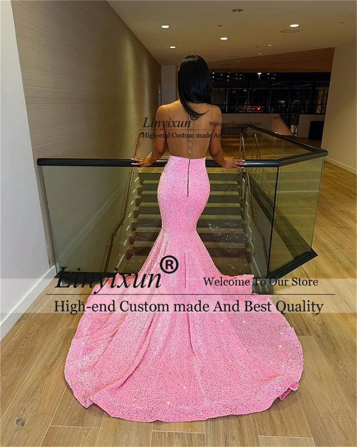 Pink Sequin Prom Dresses For Black Girls Silver Beaded Mermaid Formal Evening Party Gowns V Neck Court Train Robes De Soirée