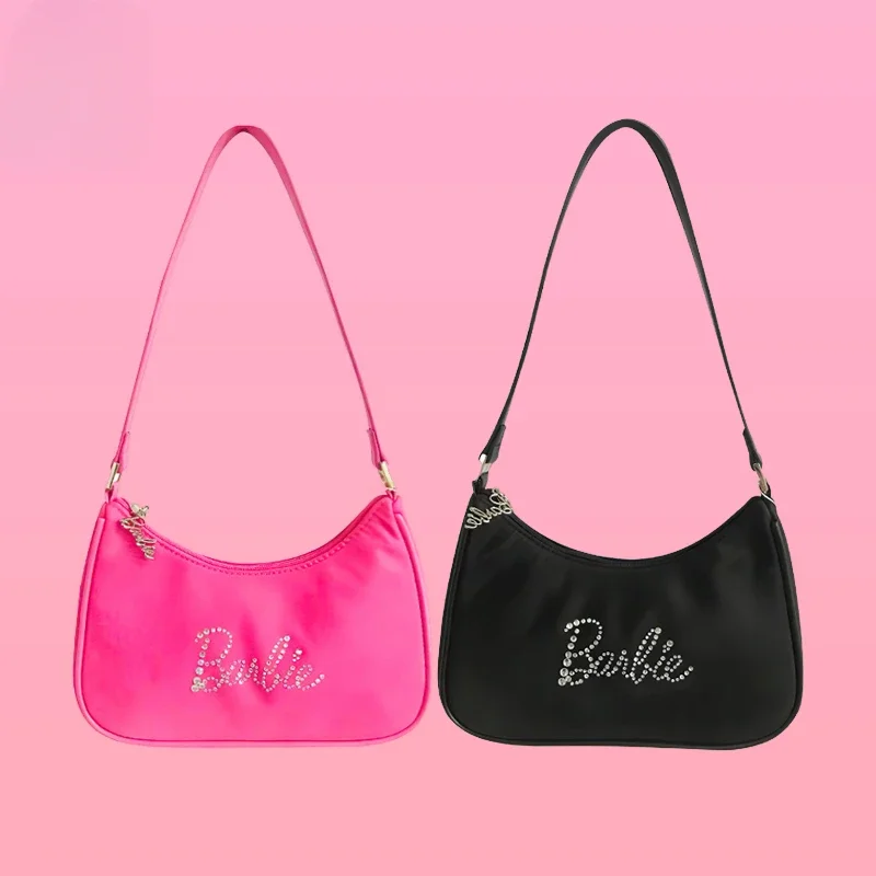 Barbie Underarm Bag Women's Shoulder Bag Rhinestone Letter Portable Dumpling Anime Kawaii PU Crossbody Bags 24CM Girl Gifts