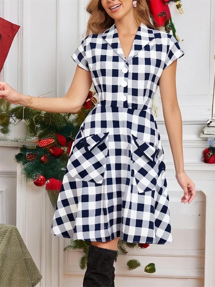 2025 เปิดลงปกVINTAGE Casualฤดูร้อนชุดสตรีกระเป๋าขนาดใหญ่ 1950s 60s Elegant A Lineรันเวย์พรหมค็อกเทล