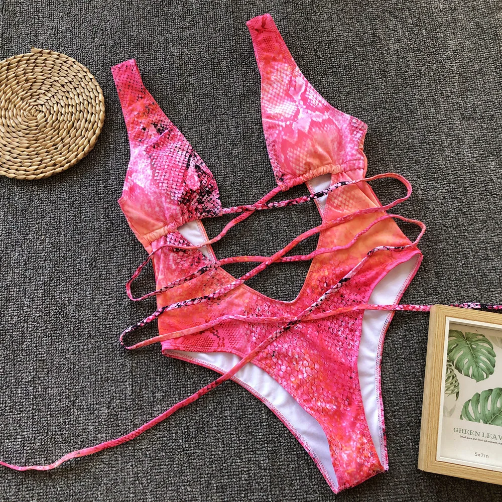 

Micro String Extreme Monokini Hollow Out Snake Print Bikini High Leg Cut Swimsuit Summer Swimwear Women Beach Outfit Bikinis Set