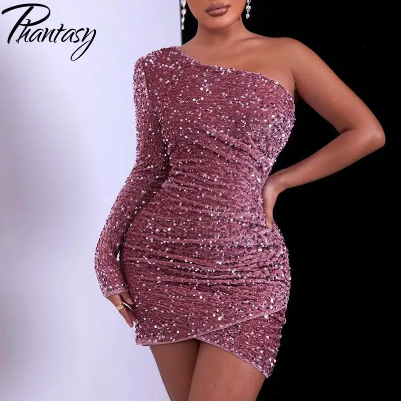 Summer Sexy Single Shoulder Luxury Glitter Sequins Party Birthday Nightclub Dress for Women One Shoulder Long Sleeve Prom Robe