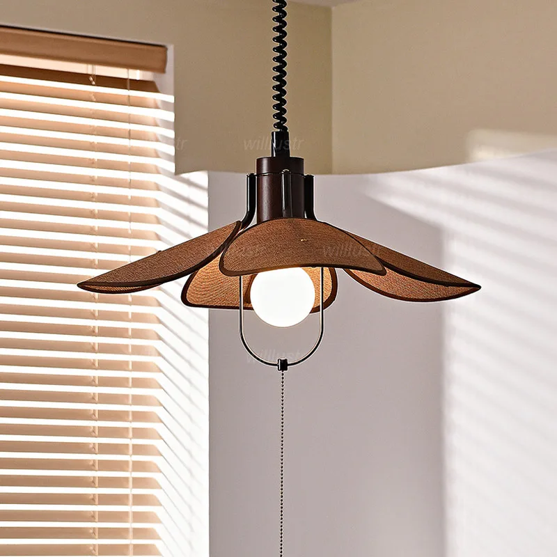 Holz-Pendelleuchte, Zen-Hängeleuchte, Teestube, Bar, Hotel, Café, Federschnur, japanischer Stil, Leinenschirm, hängender Deckenleuchter