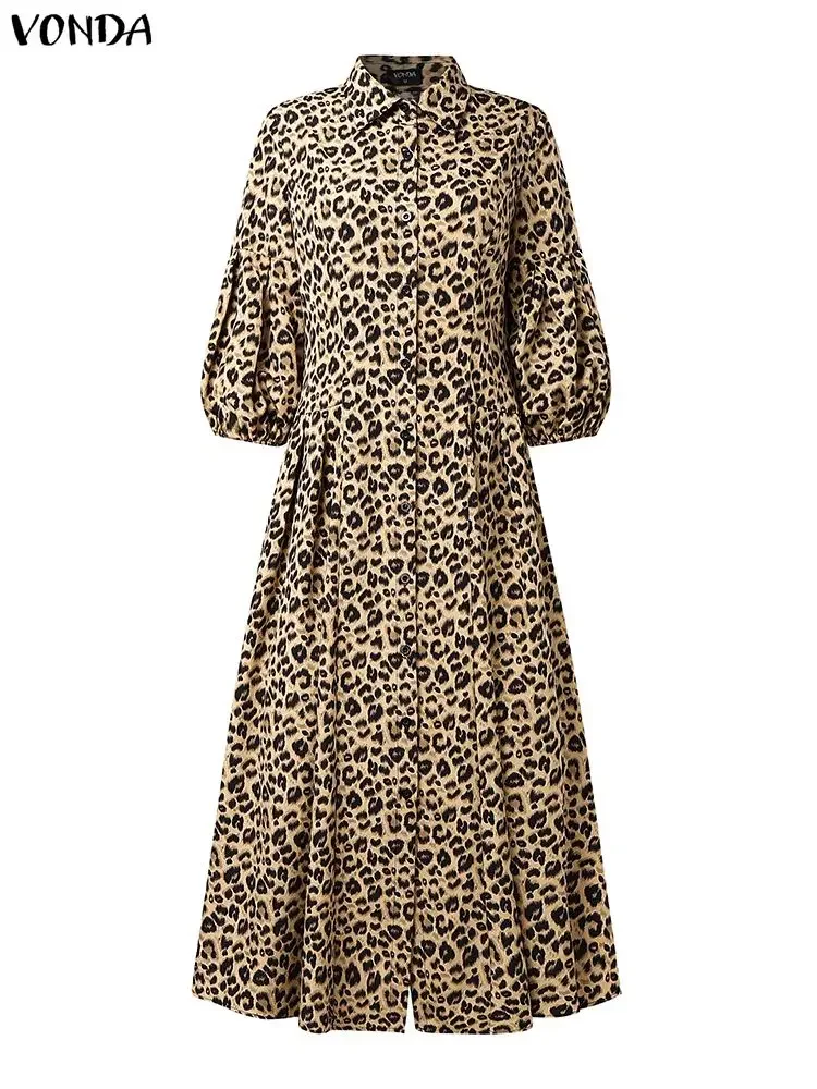 Платье больших размеров VONDA, модное платье макси с леопардовым принтом, женское осеннее платье-рубашка с рукавами-фонариками, плиссированное элегантное вечернее платье