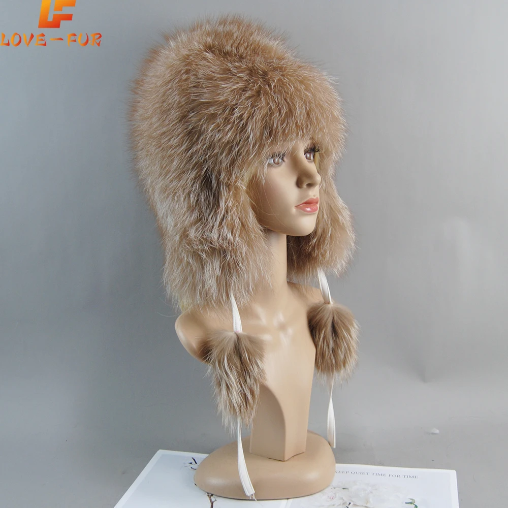 2024 New Lady Winter Knitted Real Fox Fur Bomber Cap Warm Soft Fox Fur Beanies Hats Luxury Women 100% Natural Real Fox Fur Hat