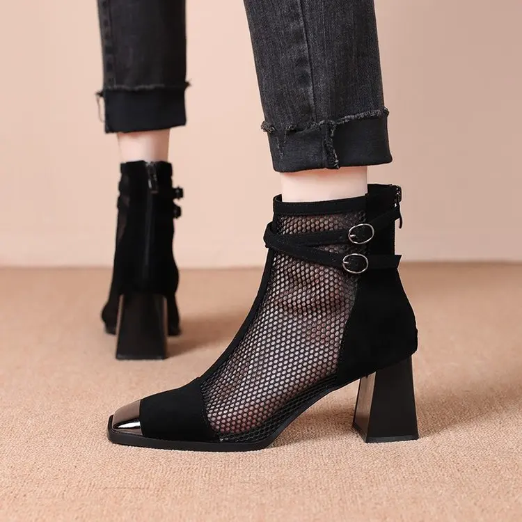 Night Shadow Chunky Heel Boots for Women Mesh Square Toe Metal Cap Double Buckle Back Zipper Breathable Comfortable Summer Shoes