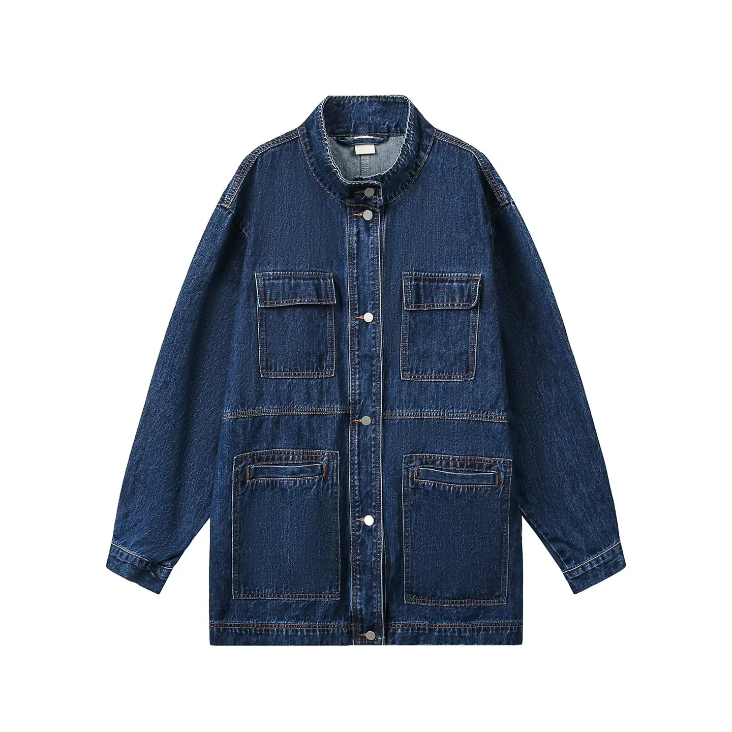 

SuperAen Japan-style Retro Blue Washed Distressed Mid-length Denim Jackets Coat Oversize Loose Pockets Jackets