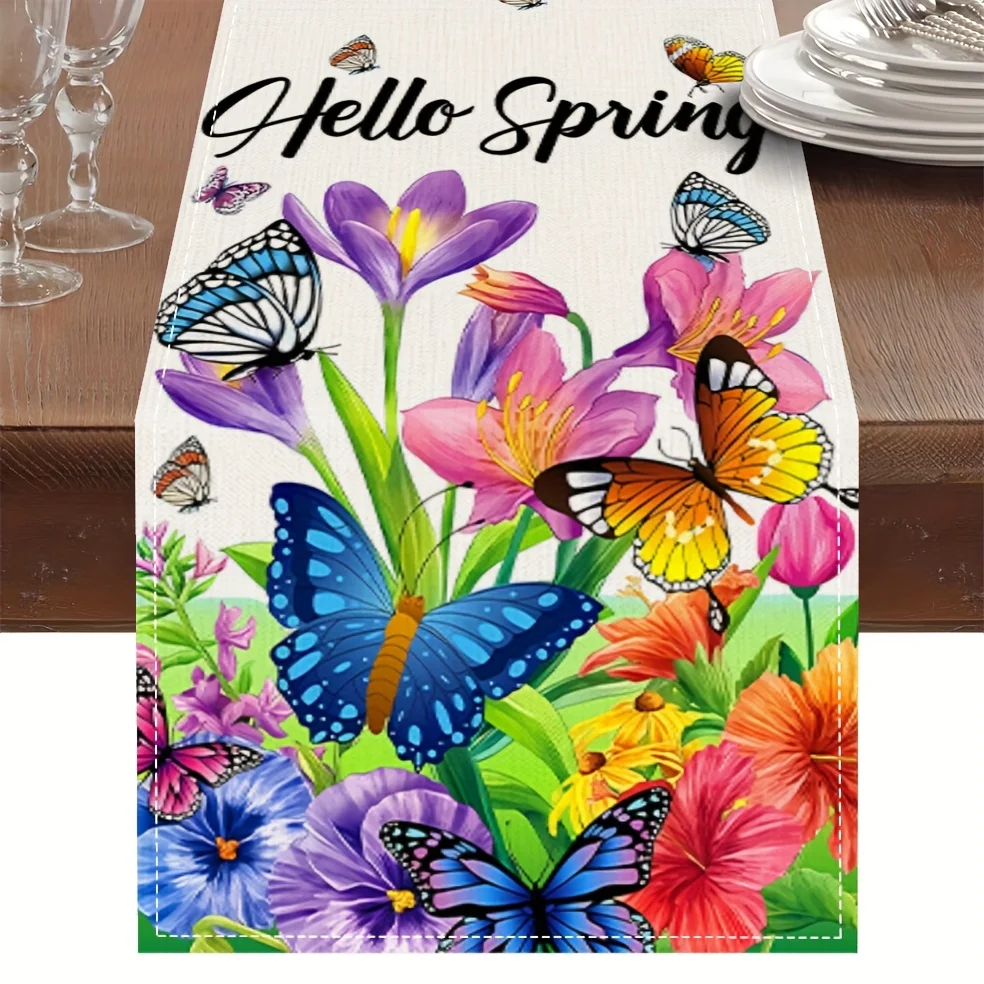1pc Hello Spring Table Runner - 100% Woven Rectangular Floral And Butterfly Design Perfect For Indoor Decor Options