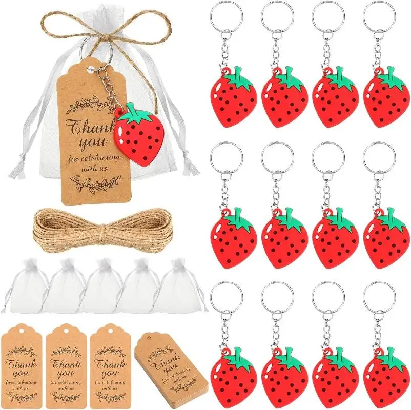 10/30/50 Sets Strawberry Keychains Baby Shower Party Favor Strawberry Keychains Charm Thank You Tags Kids Birthday Guests Gifts