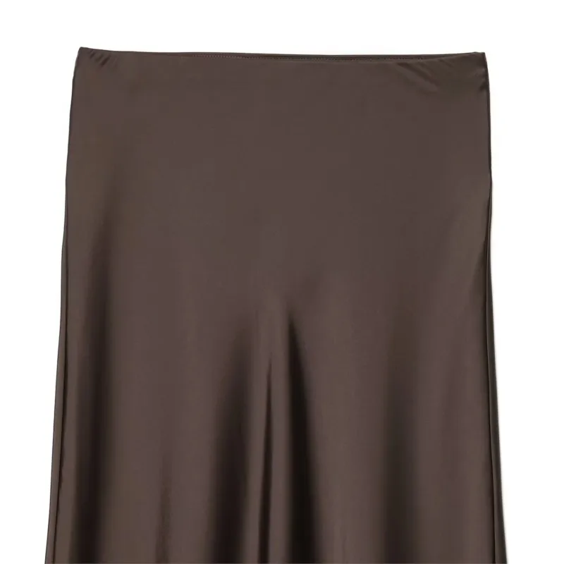 Falda media con decoración de encaje y textura de seda para mujer, falda Midi elegante de cintura alta, faldas de moda con cintura elástica para otoño