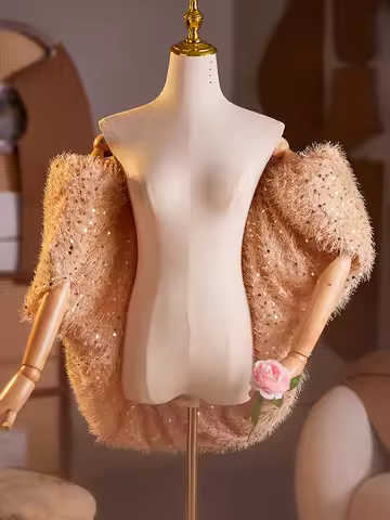 New light champone sequined lady girl women wedding bridal wrap shawl prom evening dress performance DIY Accessories