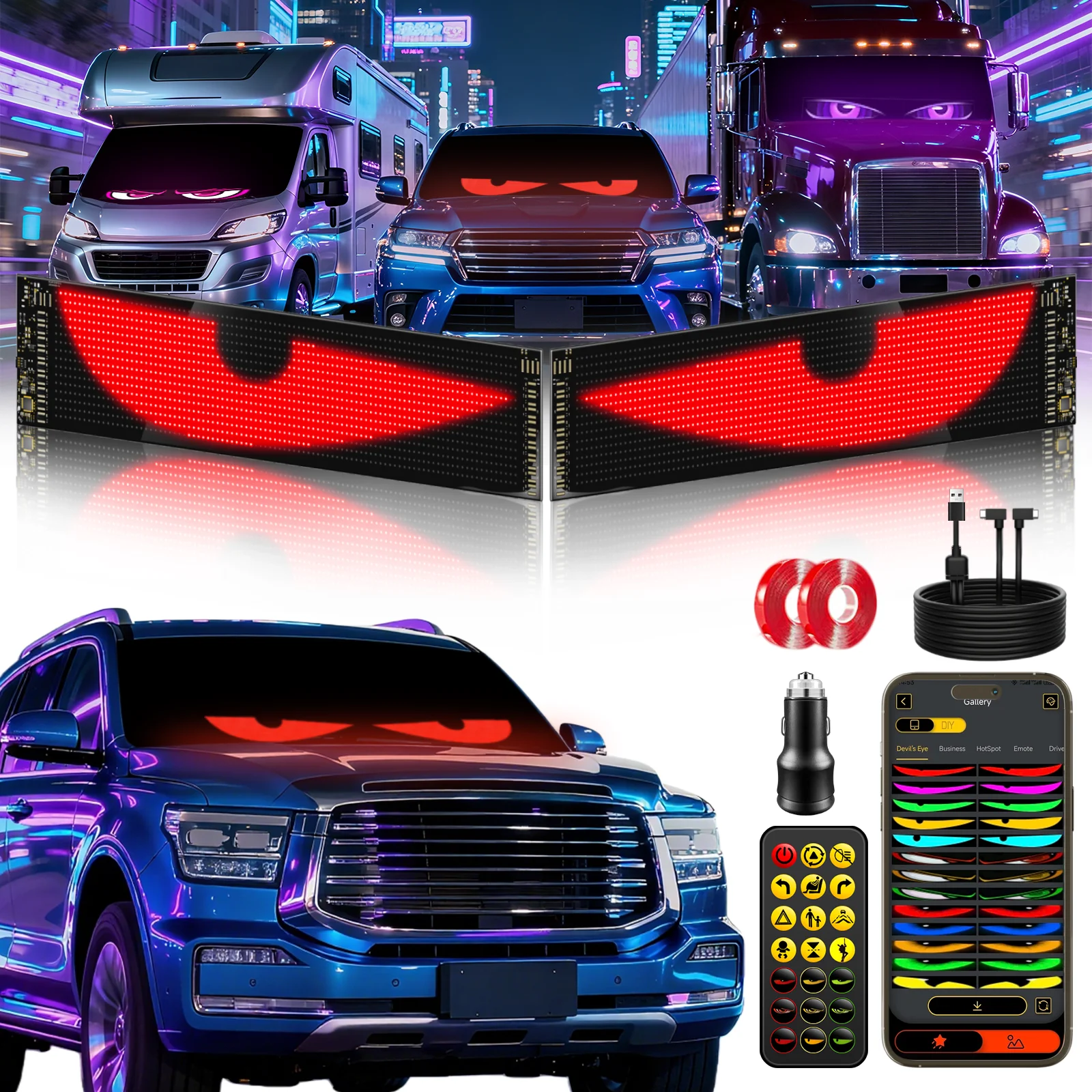 Howdot Devil's Eye High-Brightness LED Windshield Display, 23*5'' Programmable LED Matrix Panel, Ojos Led Para Carro, USB-Powered with Remote & App Control for Sedans, SUVs & Medium Trucks