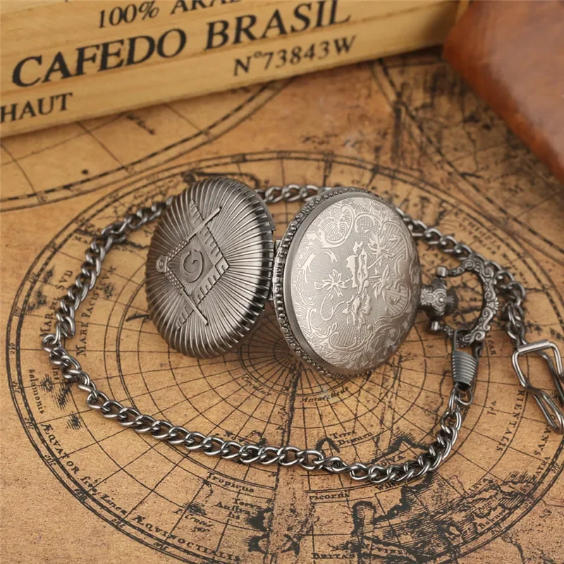 Antique Masonic Freemasonry Theme Retro Necklace Pendant Quartz Pocket Watch Sweater Pendant Chain Gift Clock for Freemason