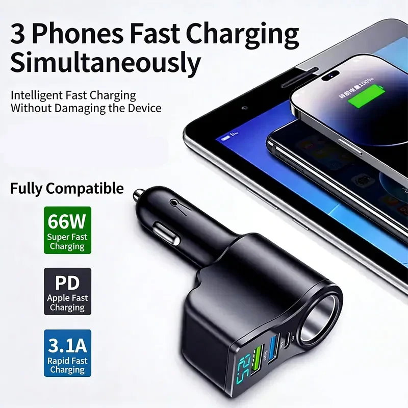 Autoladegerät, schnelles Aufladen, Umrüststecker für Zigarettenanzünder im Auto, USB-Erweiterungsrekorder, Super-Flash-Aufladung