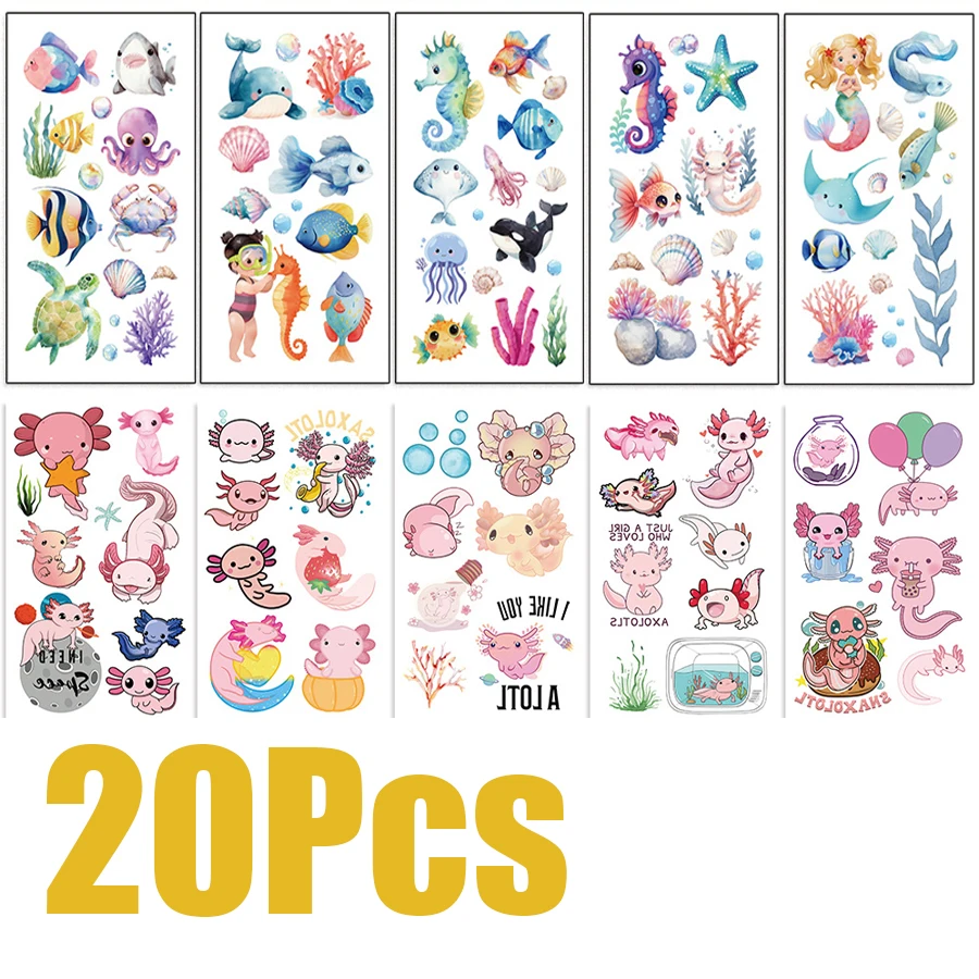 20 قطعة/مجموعة من ملصقات الوشم المؤقت على شكل حيوانات المحيط الجديد، هدايا حفلات المحيط المضحكة المقاومة للماء