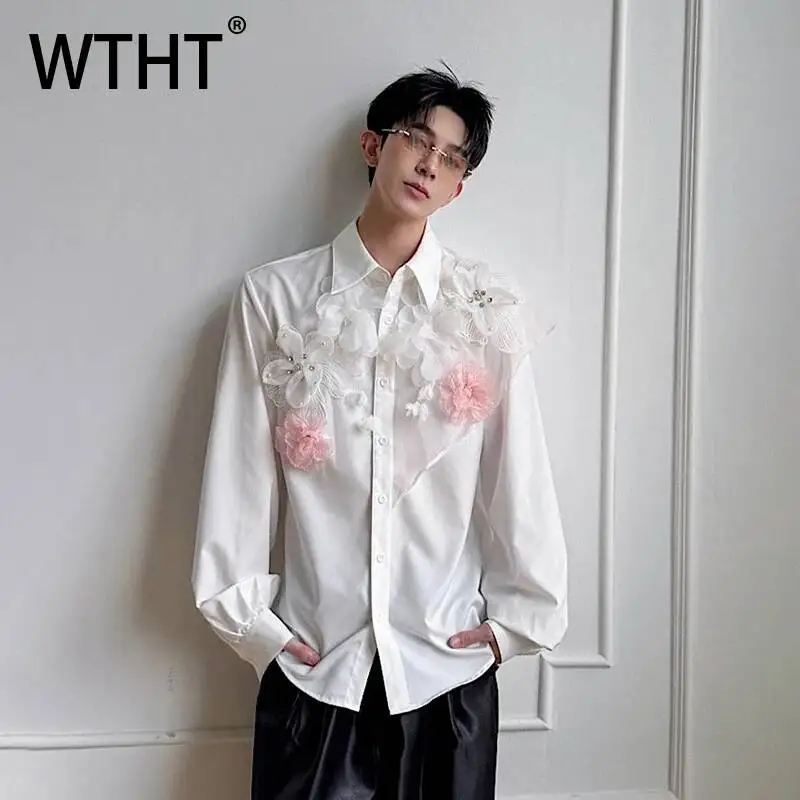 WTHT Trendy Men‘s Heavy Industy Spliced 3D Flower Design Shirt Fashion Long Sleeves Turn Down Collar Top Male 2026 Summer 2A3091