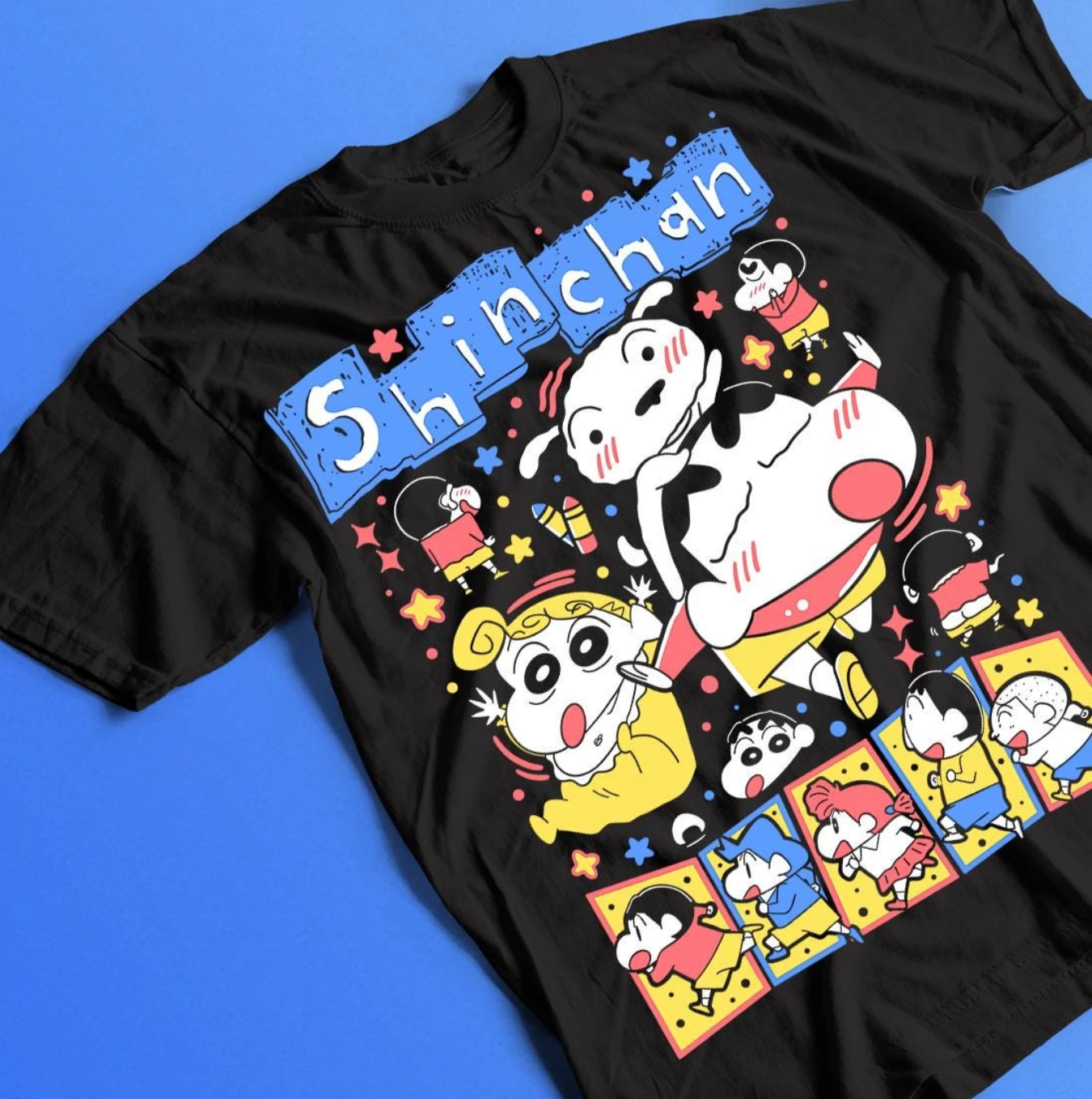 Camiseta unisex Crayon Shin, camisa de anime japonés, camiseta gráfica colorida, regalo para amantes de la mangá, camiseta de personaje de dibujos animados
