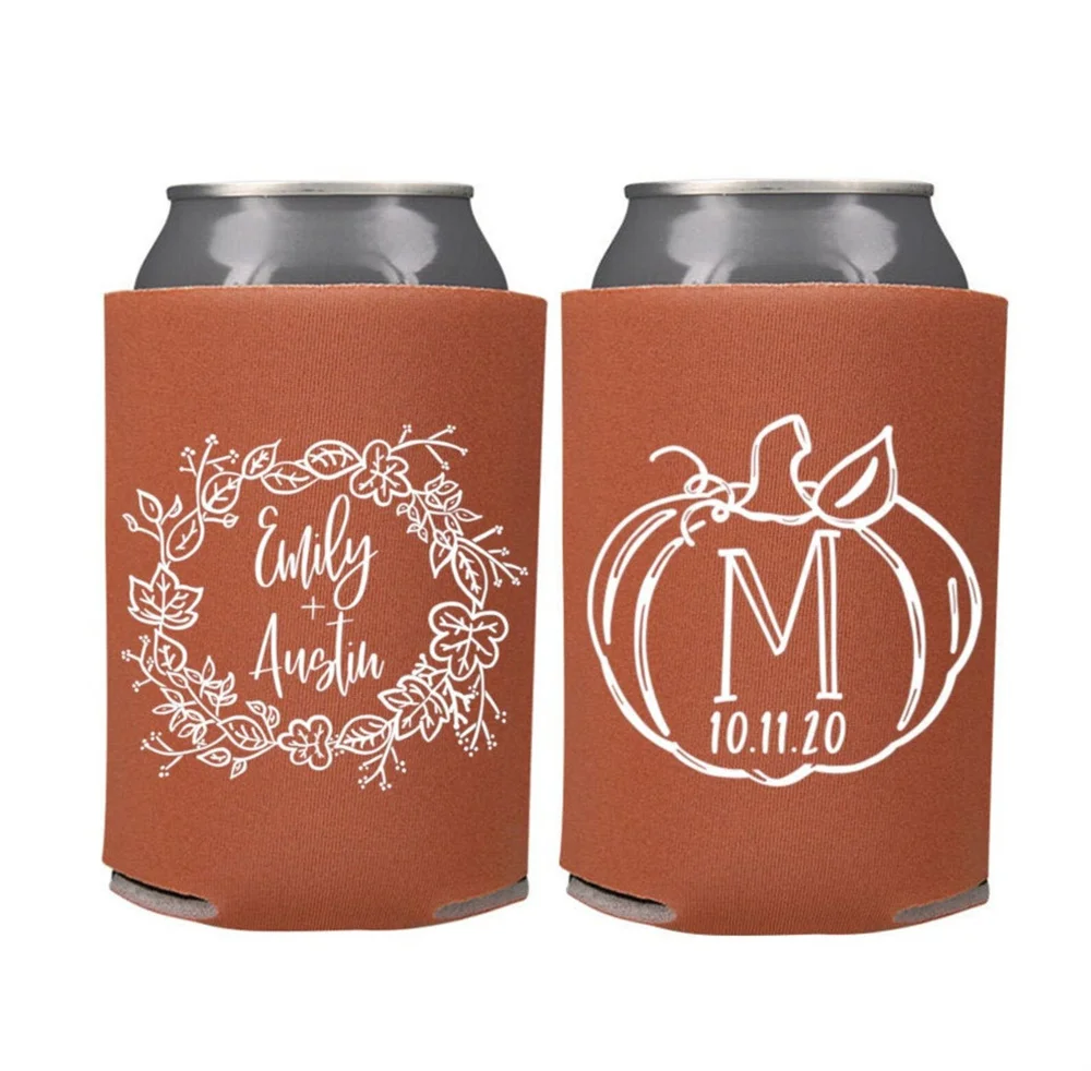 

Fall Foliage Rustic Personalized Can Coolers - Fall Wedding Favors, Monogram Wedding Favors for Guests, Destination Wedding Stub