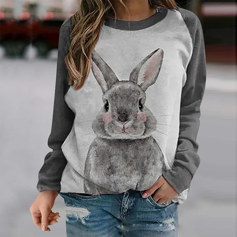 2024 Cross-border European and American women's new 3d printed rabbit pattern printed round neck long sleeve hoodie woman