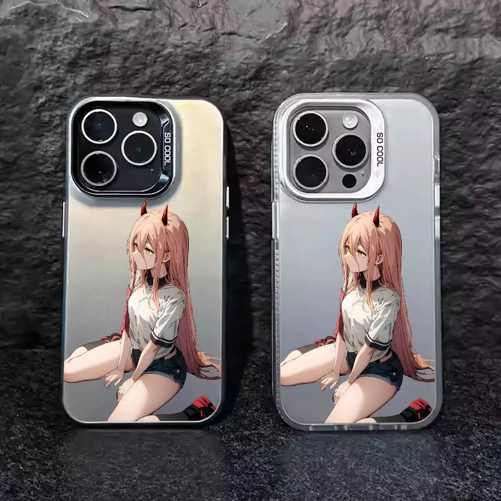 1 st Power Chainsaw Man Telefoon Case Laser IMD Kleur Zilver Shell Voor IPhone 17 16 15 14 13 12 11 Air Pro Max Plus