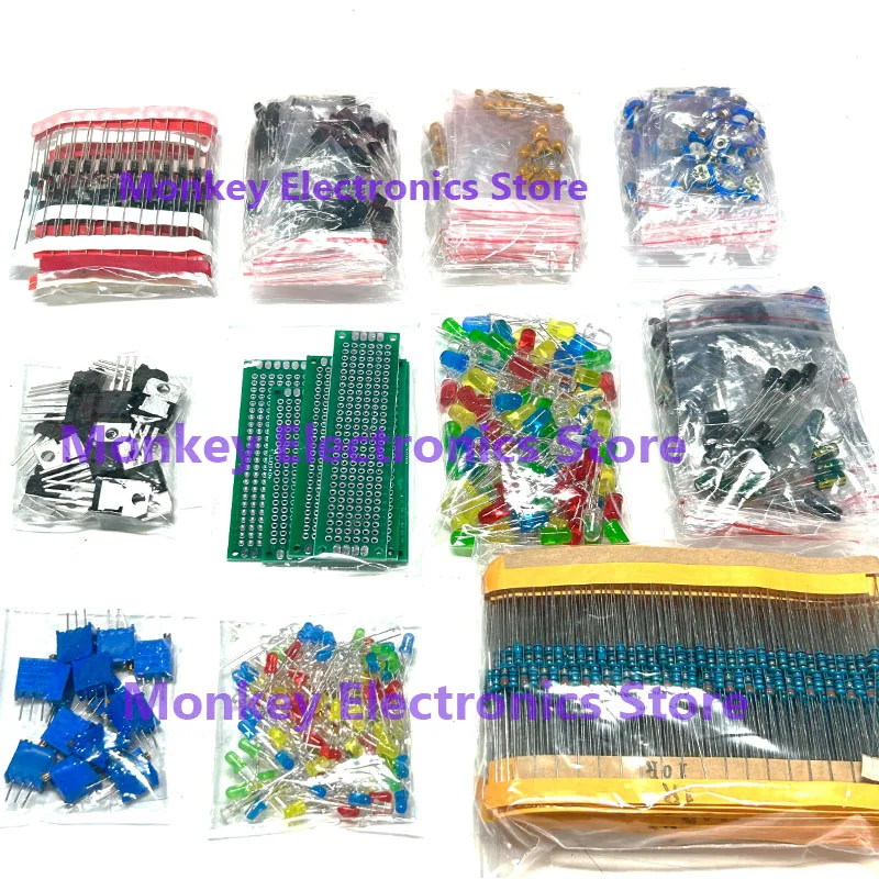 Kit de Componentes Eletrônicos, Resistores de Capacitores Monolítico, Diodos LED, PCB, Potenciômetro RM063, TO-220, 3mm, 5mm, 1818Pcs