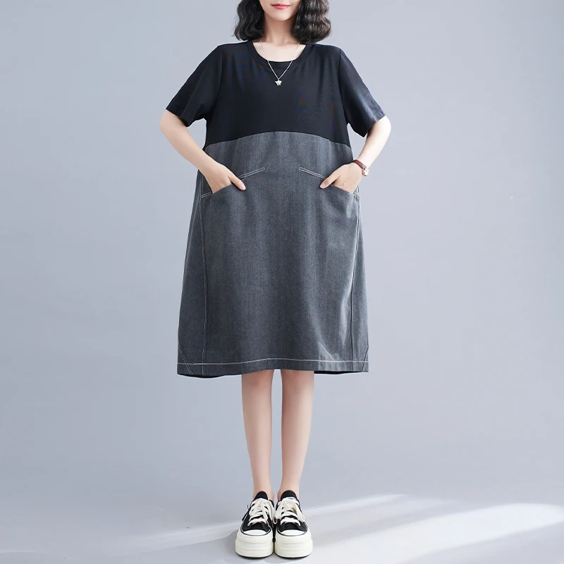 

SuperAen Contrasting Color Denim Dress Short Sleeve Casual Dress for Women