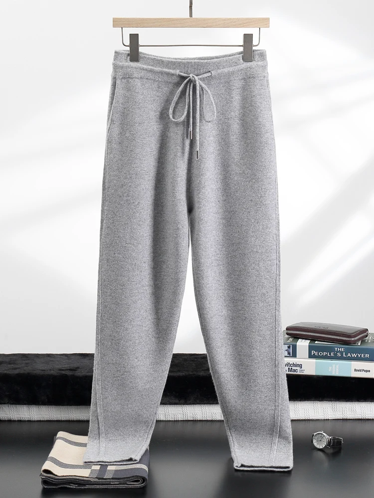 100% Cashmere Pants Men's Thicken Casual Seam Pencil Pants Autumn Winter Drawstring Elastic Waist Trousers Fashion Solid Knitted