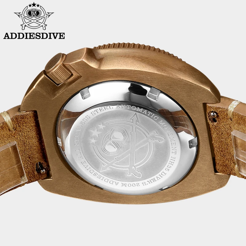 ADDIESDIVE Men‘s Bronze Automatic Watches Sapphire Glass Leather Analog Wristwatch Waterproof C3 Super Luminous Mechanical Watch