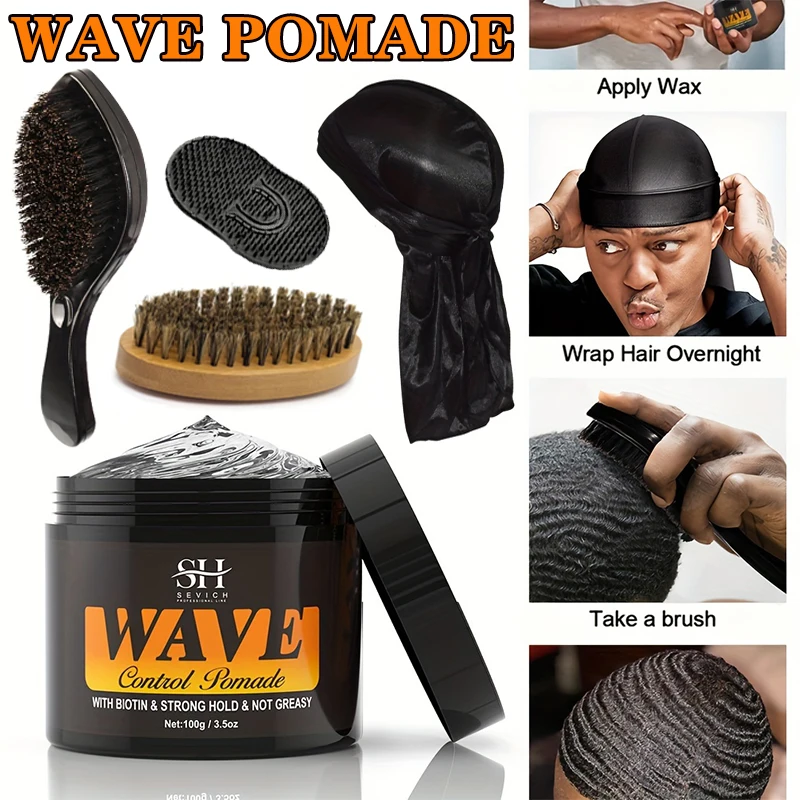 

360 Deep Waves Control Pomade 100g Male Wavy Hair Gel Styling Clay Deep Waves Cream With Brush Silky Cap Wave Control Pomade