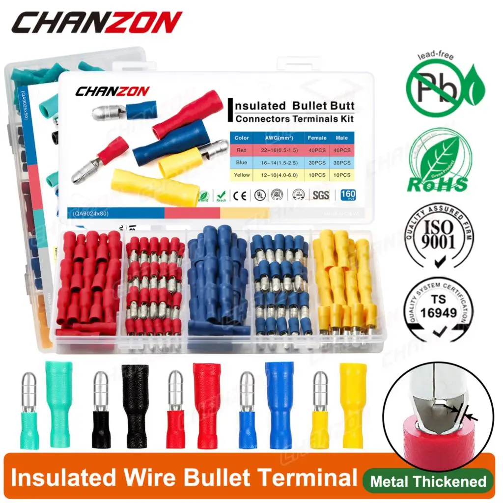 

100/160PCS Insulated Bullet Crimp Splice Wire Connector kIt Cable Electrical Female Male Disconnect Terminal 22-10Awg Assortment