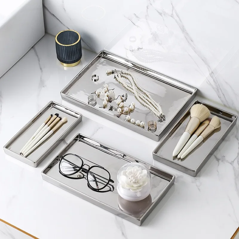 Simple Storage Luxury Silver Ceramic Jewelry Plate Decoration Tray Ornaments Creative Silver Jewelry Set Plate