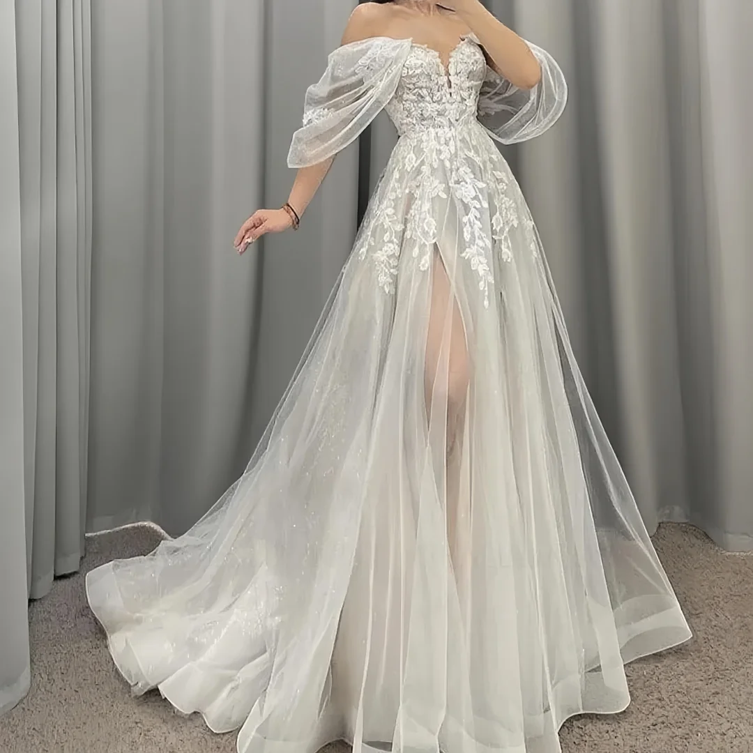 فساتين زفاف أنيقة مخصصة على شكل حرف A للنساء فستان رسمي مزين بفتحة مثير قبالة الكتف زي العرائس Vestis فستان العروس