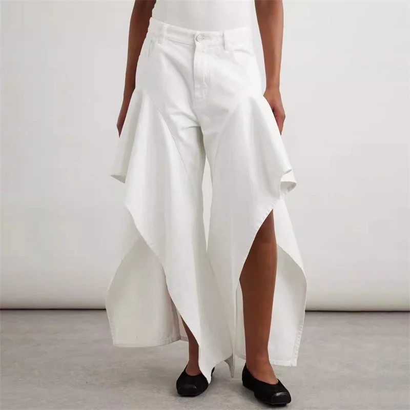 

Women's pants New summer 2025 ruffled high waisted slim fit women's jeans pure cotton wide leg pants y2k front split denim pants