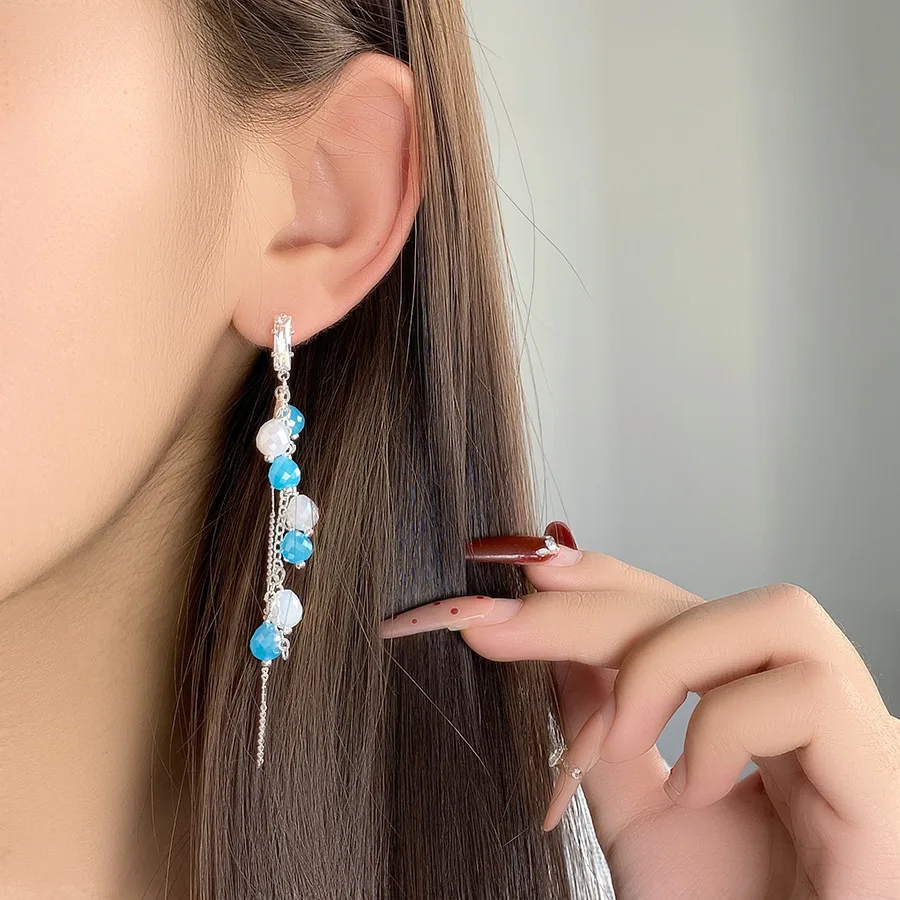 

Women Blue White Cat Eye Round Bead Drop Earrings, Light Luxury Irregular Tassel Dangle Earrings Elegant Party Jewelry