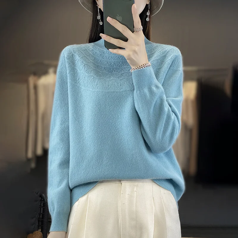 2024 New Line Of Garment Hollowed Out Half Height Women\'s High-grade Woolen Sweater 100% Pure Wool Multi-color Option WQ