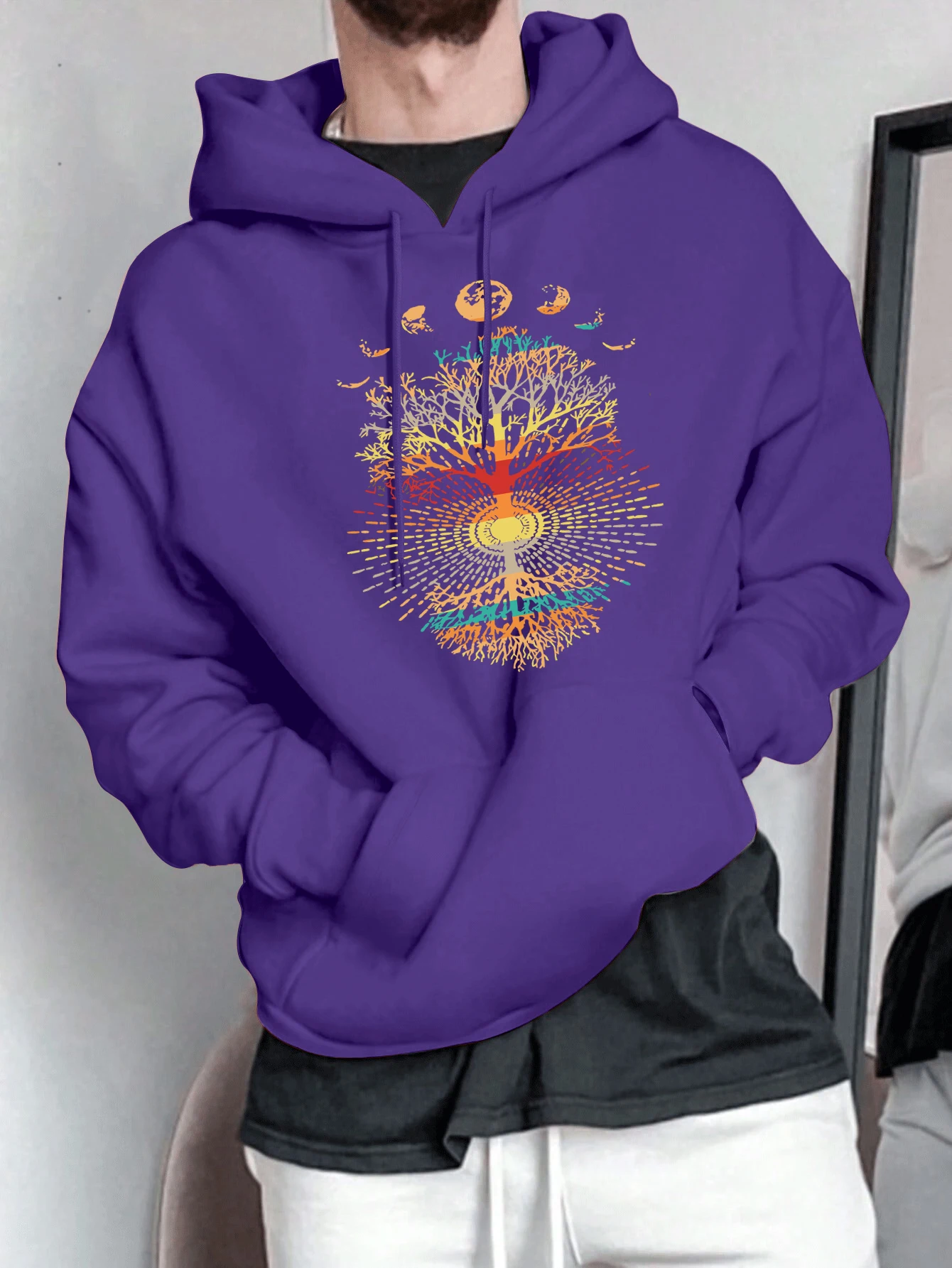 Herbstlicher Basic-Pullover mit Aufdruck „Tree Of Life And Universe“ für Herren, weicher Fleece-Kapuzenpullover, warme Sportbekleidung, bequeme Freizeitkleidung