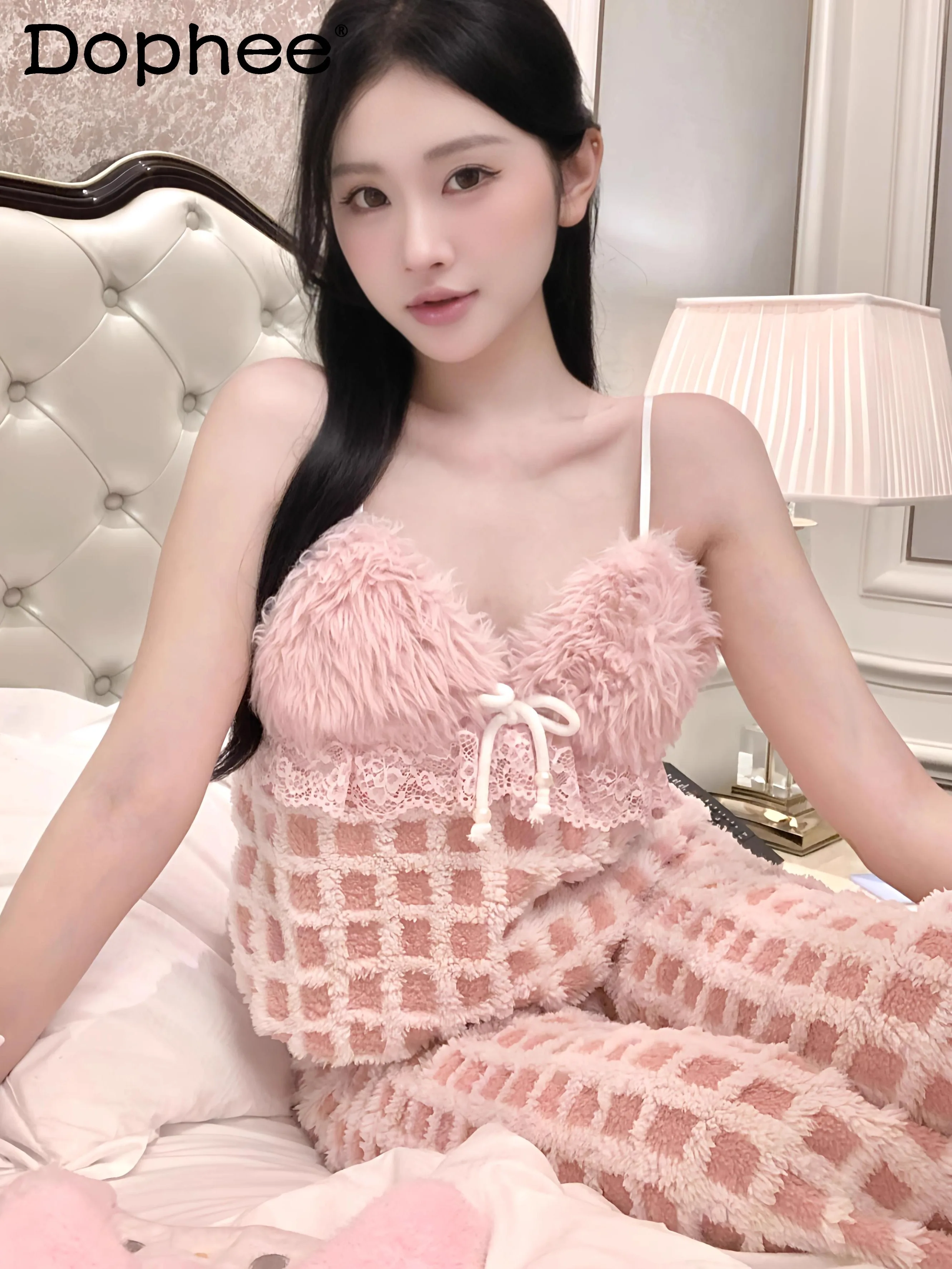 

Зимняя корейская милая розовая верхняя одежда из кораллового флиса с меховым воротником, домашняя одежда, высококачественные свободные теплые пижамы для женщин