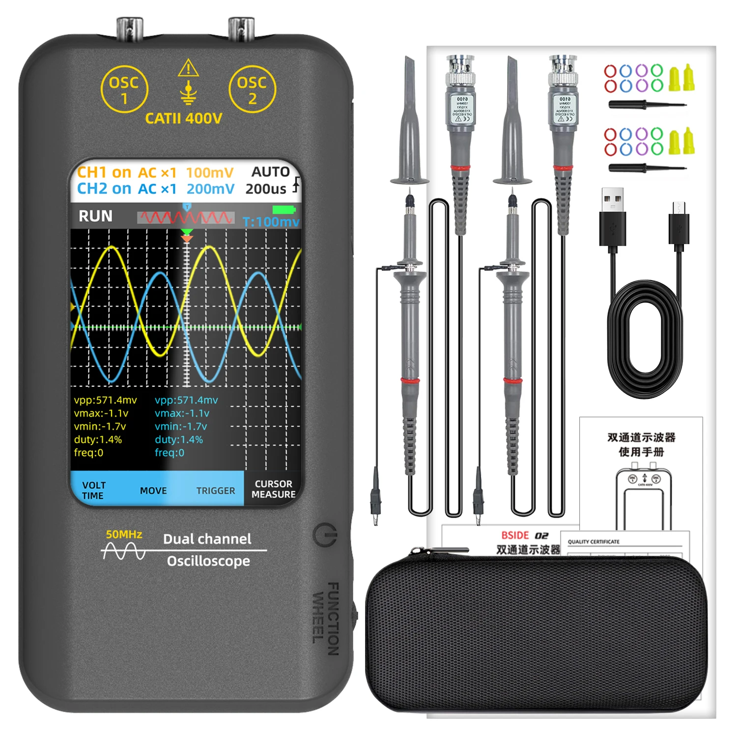 

BSIDE NEW Touch Screen Digital Oscilloscope+Signal Generator Dual Channel Bandwidth :50Mhz Sampling rate :250MSa/s 3.98 inch TFT