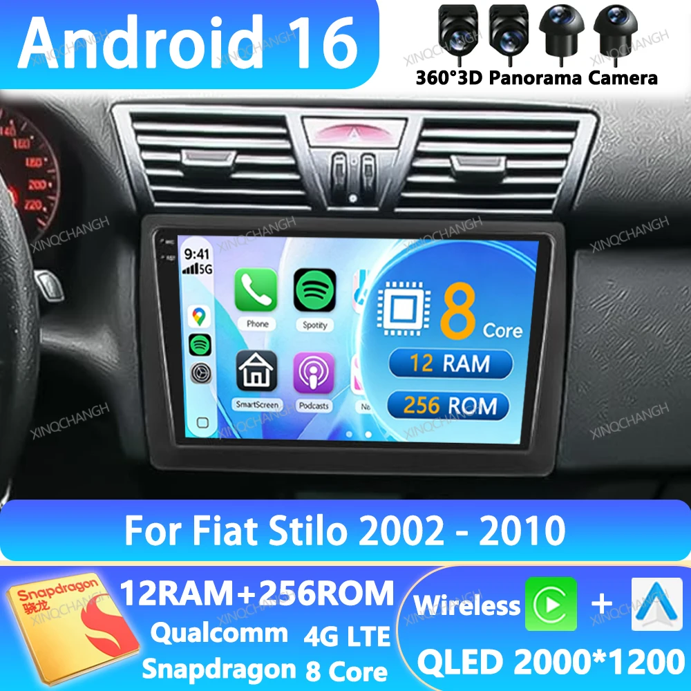 Android 16 Car Radio For Fiat Stilo 2002 2003 2004 - 2010 Carplay Auto Multimedia Video Player QLED 4G LTE 5G WIFI BT 2DIN GPS
