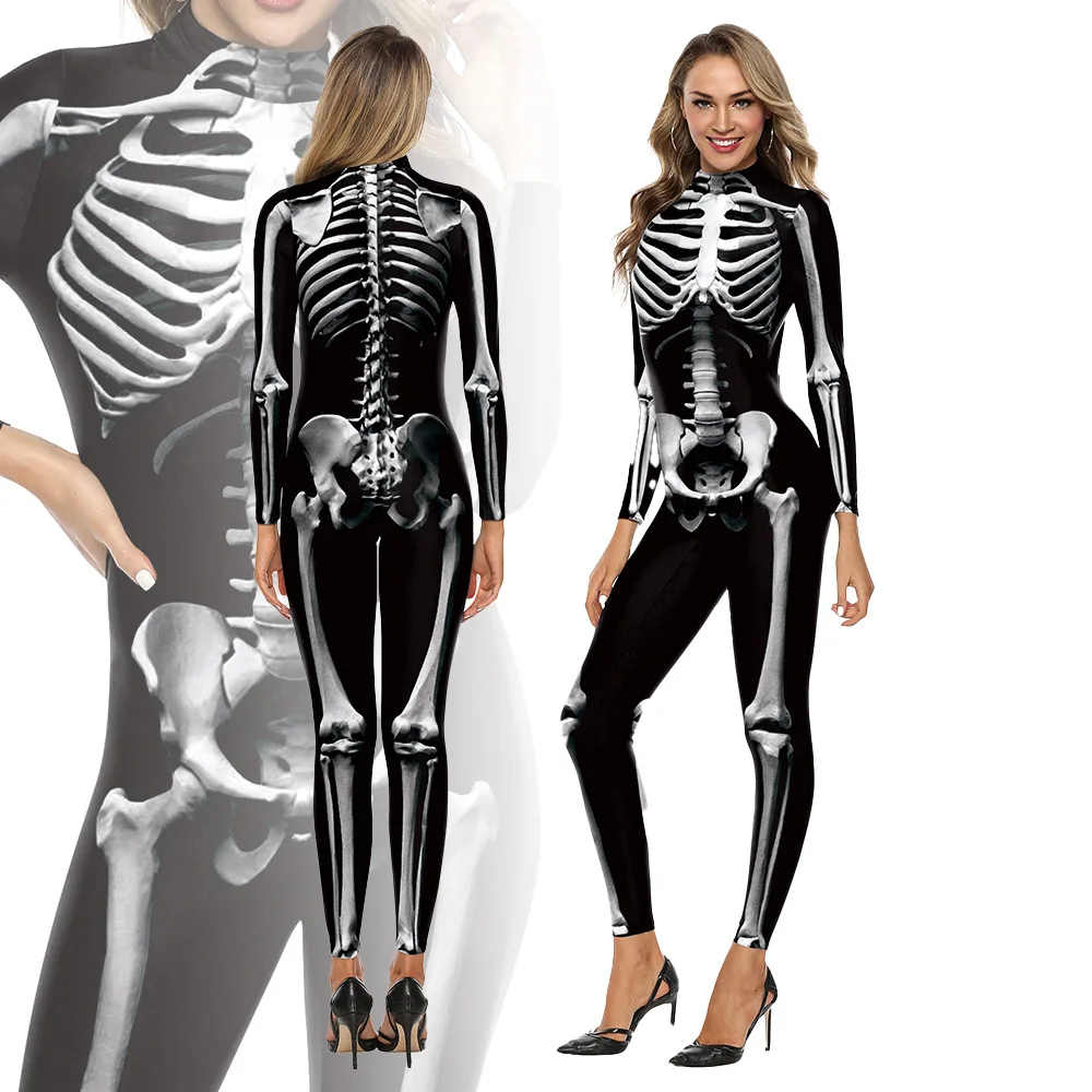 

ZAWALAND Cosplay Skeleton Rose Sexy Bodysuit Women Halloween Jumpsuit Romper Party Carnival Scary Costume Elastic Zentai