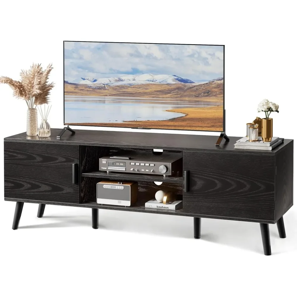 

TV Stand for 55 Inch TV, Entertainment Center with Adjustable Shelf, 2 Cabinets, TV Console Table, Media Console, Solid Wood